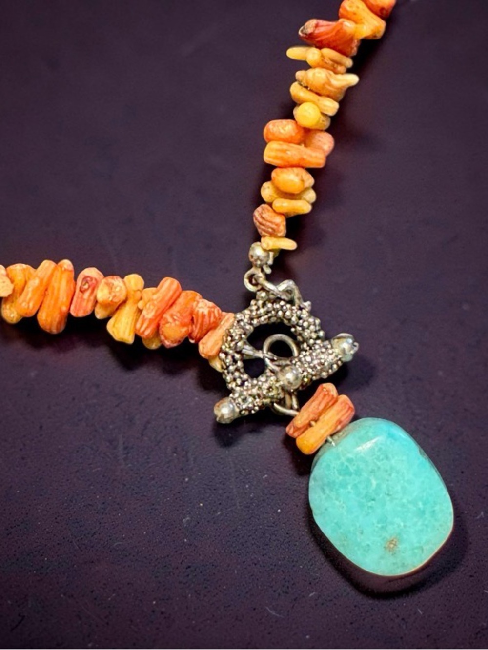 Vintage Handmade Orange Yellow Coral & Turquoise Pendant Necklace